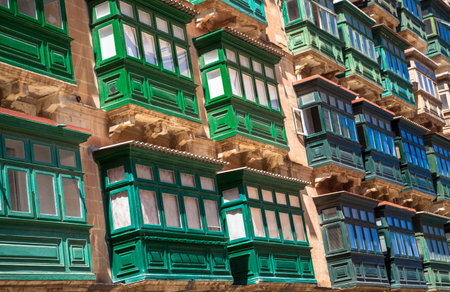 Typical balconies at city Valletta, Maltaの写真素材