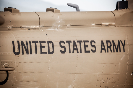 SLIAC, SLOVAKIA - AUGUST 29: Text on helicopter UH-60 Blackhawk at International air fest SIAF 2015 at airport Sliac on August 29, 2015 in Sliacのeditorial素材