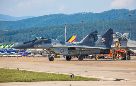 SLIAC, SLOVAKIA - AUGUST 29: Mig-29 Fulcrum at International air fest SIAF 2015 at airport Sliac on August 29, 2015 in Sliacのeditorial素材