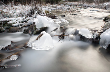 Frozen river in forest - long exposure with ND filterの写真素材