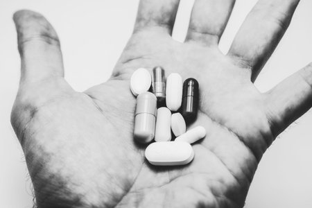 many pills in human hand. Black and white photography