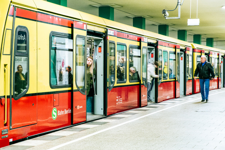 BERLIN, GERMANY - APRIL 7: Passengers in train at S-bahn station on April 7, 2017 in Berlinのeditorial素材