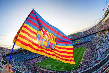 BARCELONA, SPAIN - APRIL 19:  Flag of FC Barcelona at stadium  Nou Camp on April 19, 2017 in Barcelonaのeditorial素材