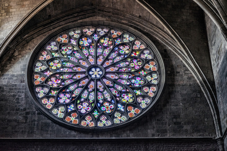 Stained glass in gothic church Santa Maria del Pi in Barcelona, Spainのeditorial素材