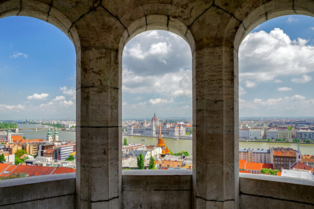 Hungarian parliament building and river Danube from Fisherman's bastion in Budapestの写真素材