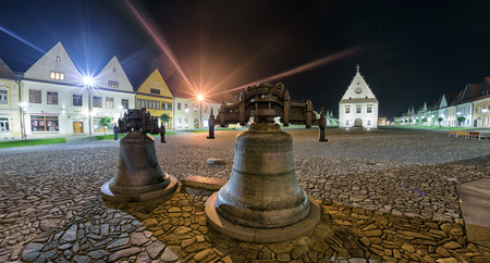 BARDEJO|V, SLOVAKIA - MAY 13: Empty square at historic Unesco town Bardejov at night May 13, 2017 in Bardejovのeditorial素材