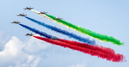 SLIAC, SLOVAKIA - AUGUST 27: Aerobatic display team Al Fursan at airshow SIAF 2017 on August 27, 2017 in Sliacのeditorial素材