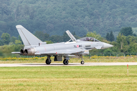 SLiAC, SLOVAKIA - AUGUST 27: Eurofighter typhoon jet plane on runway at airshow SIAF 2017 on August 27, 2017 in Sliacのeditorial素材