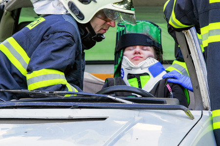RUZOMBEROK, SLOVAKIA - SEPTEMBER 9: Demonstration of passenger rescue from car wreck on September 9, 2017 in Ruzomberokのeditorial素材
