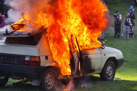 RUZOMBEROK, SLOVAKIA - SEPTEMBER 9: Demonstration of a burning car on September 9, 2017 in Ruzomberokのeditorial素材