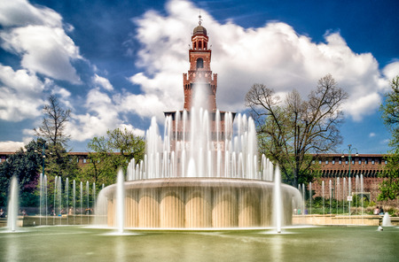 MILAN, ITALY - APRIL 14: Sforza castle and Fontana di Piazza castello on April 14, 2018 in Milanのeditorial素材
