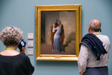 MILAN, ITALY - APRIL 14: Francesco Hayez oil painting The Kiss in gallery Pinacoteca di Brera on...