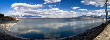 Pebble beach and lake Liptovska Mara, Slovakia. Panoramic landscapeの写真素材