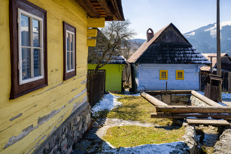 VLKOLINEC, SLOVAKIA - APRIL 2: Rural colorful cottages in Unesco village on April 2, 2018 in Vlkolinecのeditorial素材