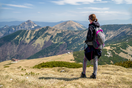 Woman hiker on top of the hill. Mala Fatra national park.の写真素材