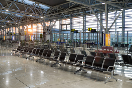 BRATISLAVA, SLOVAKIA - MAY 12: Empty seats at departure hall at airport on May 12, 2018 in Bratislavaのeditorial素材