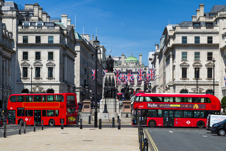 LONDON, UNITED KINGDOM - MAY 14: Red double deckers at Regent street in centre of cityon May 14, 2018 in Londonのeditorial素材