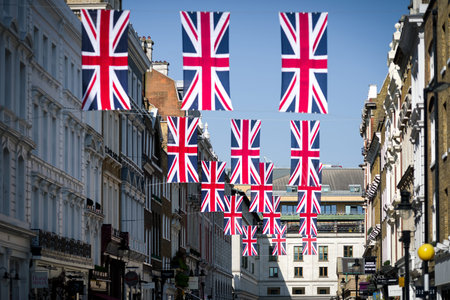 LONDON, UNITED KINGDOM - MAY 15: Flags Great Britain on the street on May 15, 2018 in London