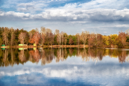 Reflection on water. Autumn at lake Gazarka, Slovakiaの写真素材