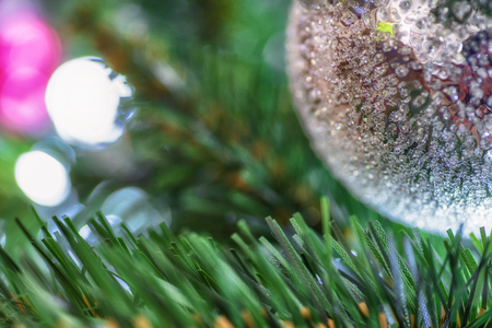 Silver ball on christmas tree. Xmas bacgroundの写真素材