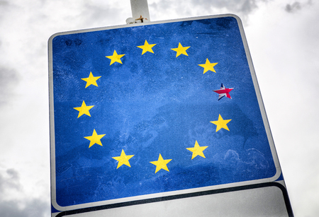 Brexit concept. Collapse of European union. Yellow stars on blue backgroundの写真素材