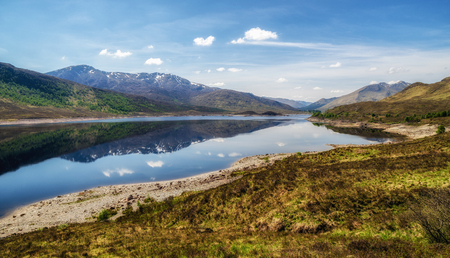 Reflection on lake in Glen Shiel at Scotlandの写真素材