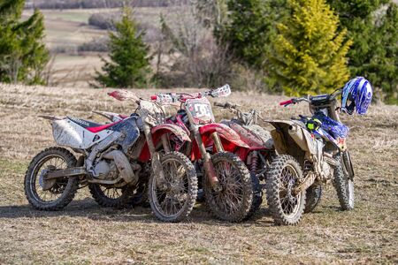 KLIN, SLOVAKIA - MARCH 17: Parked cross motorbikes at region Orava on March 17, 2019 in Klinのeditorial素材