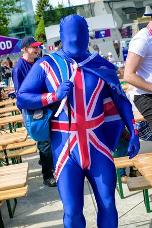 KOSICE, SLOVAKIA - MAY 11: British hockey fan in centre of city during  2019 IIHF World Championship on May 11, 2019 in kosiceのeditorial素材