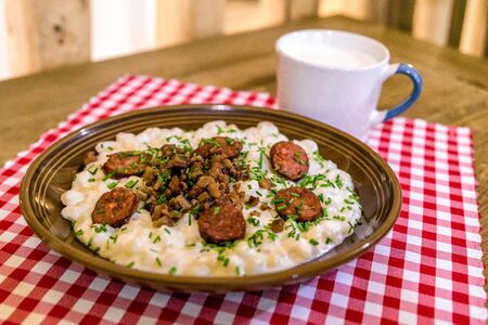 Slovak potato dumplings with sheep cheese called Bryndzove halusky - national food of Slovakiaの写真素材
