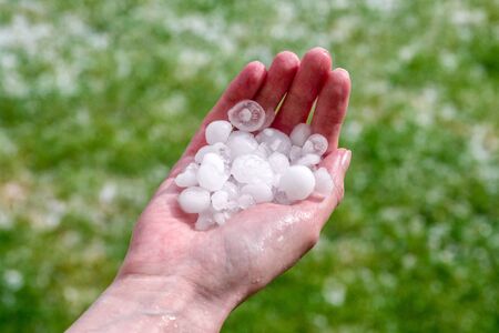Big hails in hands after hailstormの写真素材