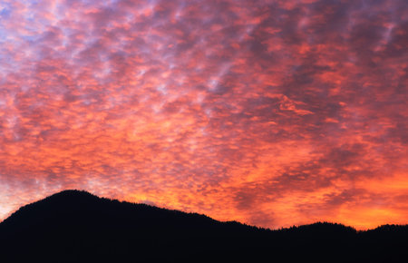 Colorful evening orange Altocumulus clouds on the sky and silhouette of mountains at background