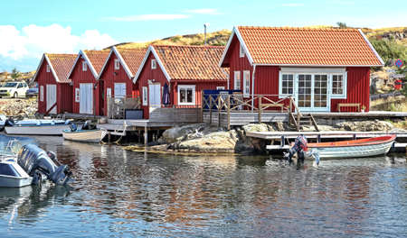 SMOGEN, SWEDEN - AUGUST 4, 2012 : Typical red houses in fishing village Smogenのeditorial素材