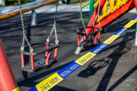 RUZOMBEROK, SLOVAKIA - APRIL 9, 2020: Closed children playground due Coronavirus COVID-19のeditorial素材