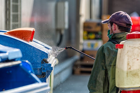 Man in protective suit disinfects and spraing public places.