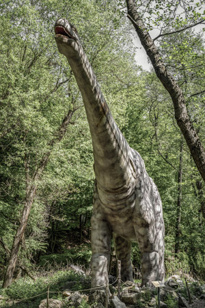 KOSICE, SLOVAKIA - MAY 12: Model of dinosaur Diplodocus in Dinopark at Zoo Kosice on May 12, 2019 in Kosiceのeditorial素材