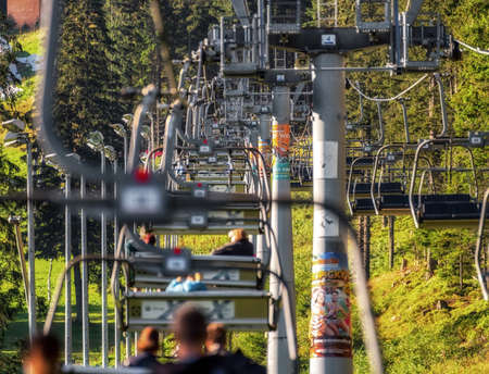 DEMANOVSKA DOLINA, SLOVAKIA - AUGUST 21, 2020: Ski lift chairs in resort Jasna in Low Tatras mountainsのeditorial素材
