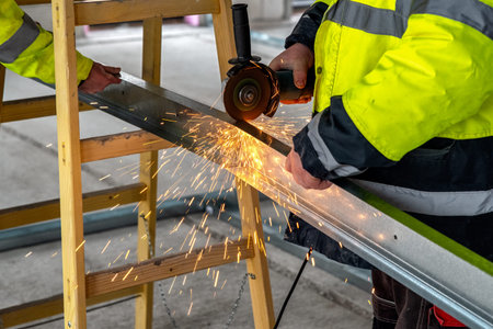 Worker using grinding machine  at construction site