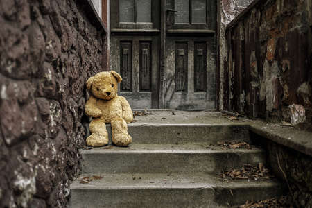 Brown teddy bear sitting on stairs.の写真素材
