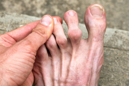 Swollen joint on the toe. Rheumatoid arthritis.