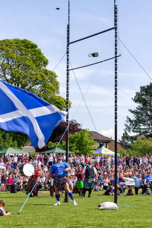 CARMUNNOCK, SCOTLAND - MAY 27: Strongman HafÃ¾Ã³r JÃºlÃ­us BjÃ¶rnsson making world record in discipline  Weight for height  at Carmunnock International Highland Games on May 27, 2018 in Carmunnockのeditorial素材
