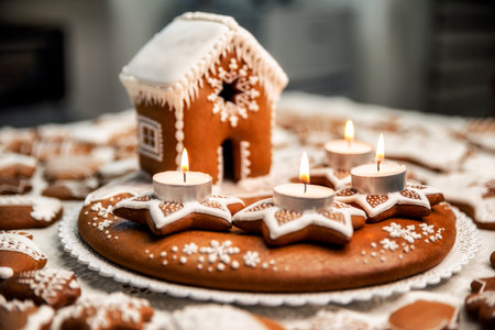 Advent candlestick with four lighted candles and christmas homemade gingerbread house.の写真素材