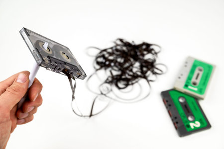 Rewind a old audio cassette with loose tape on white background