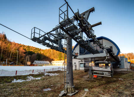 BANSKA STIAVNICA, SLOVAKIA - FEBRUARY 27, 2022: Bottom station of ski-lift chair at Salamandra resort in winter season.のeditorial素材