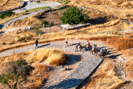 LINDOS, GREECE - JULY 1, 2022: Tourists sitting on animal taxi donkeys and walking on Lindos acropolis in Rhodes islandのeditorial素材