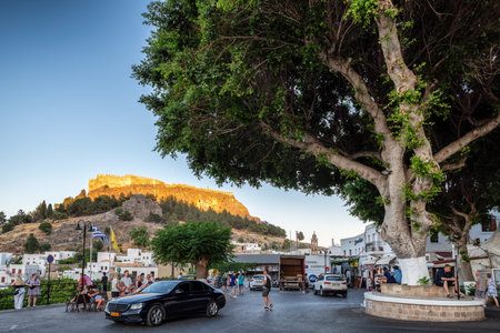 LINDOS, GREECE - JULY 1, 2022: Square in town Lindos in Rhodes island in Greeceのeditorial素材