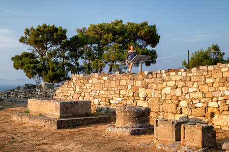 Woman visitor in Ancient Kamiros - first city state on the island of Rhodes in Greeceの写真素材
