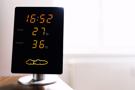 hot temperature, Thermometer  with sun shining in summer show warm Weather. concept global warming.の写真素材