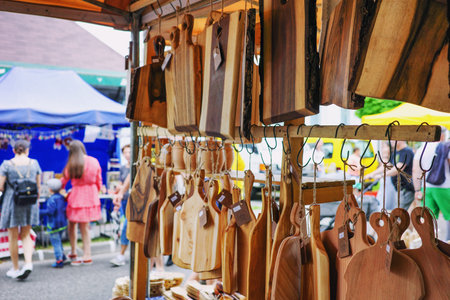 Ruzomberok, Slovakia - Jun 3, 2022: Wood products of seller at market fair