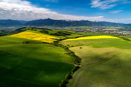 Beautiful country landscape with green, yellow fields and city Liptovsky Mikulas, Low Tatras mountains at background. Liptov, Slovakia.  Aerial drone photographyの写真素材