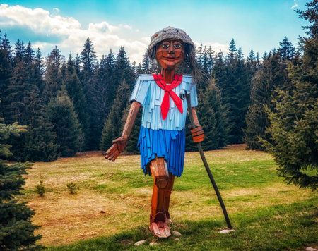 Pribylina, Slovakia - April 22, 2023: Wooden statue in Rackova valley in Western Tatras in Slovakiaのeditorial素材